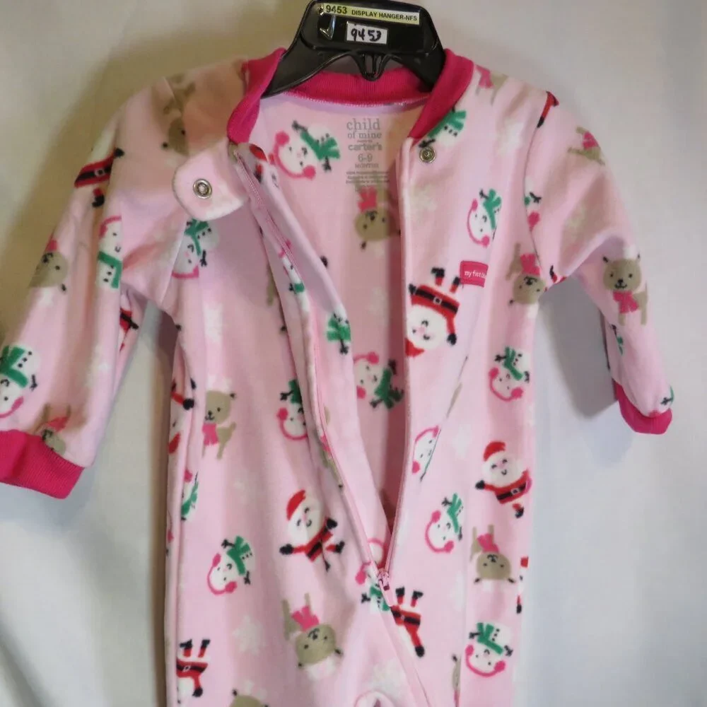Baby pink Christmas footed zippered bodysuit long sleeve 100% polyester Santa